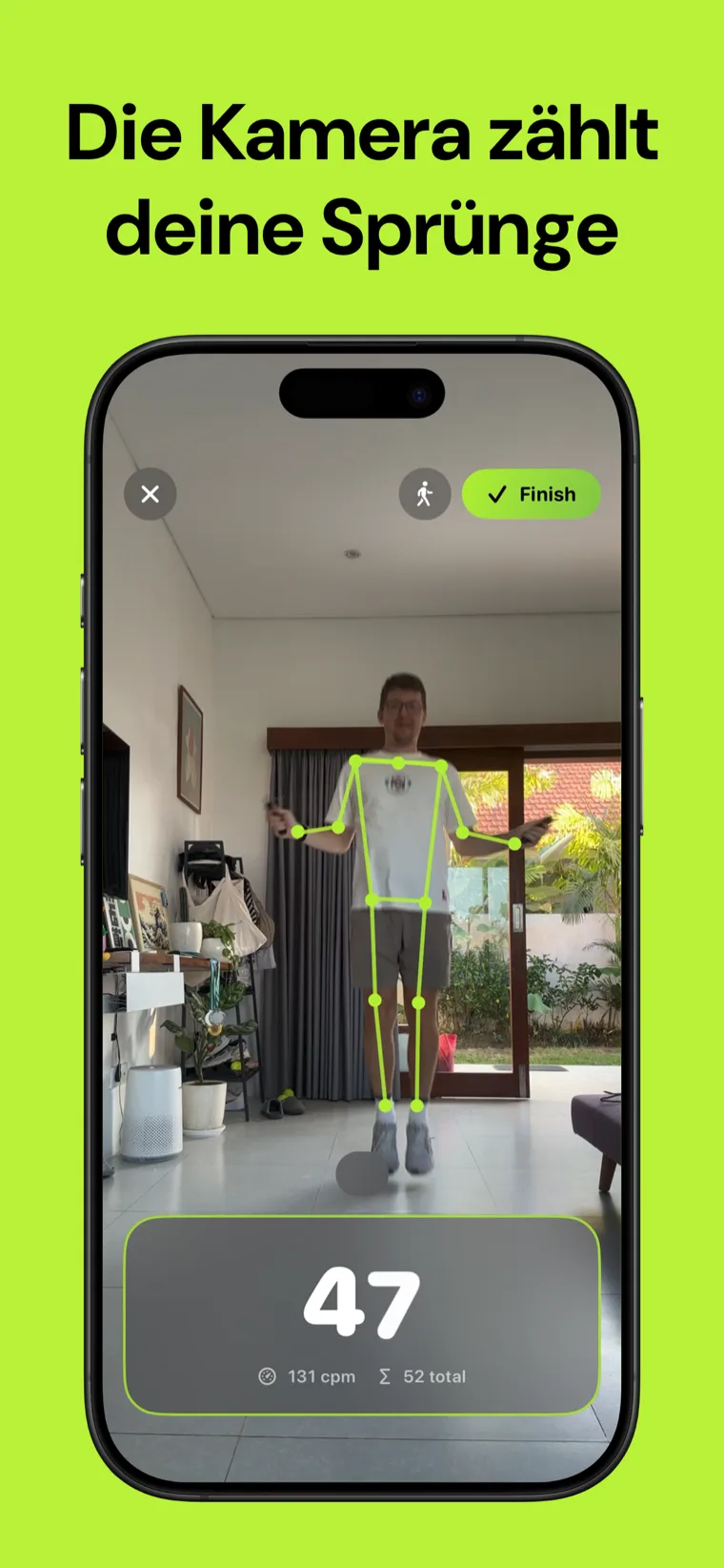 Die Kamera zählt deine Sprünge — Springseil-Zähler auf dem iPhone mit Live-Sprungzähler und Skelett-Tracking-Overlay