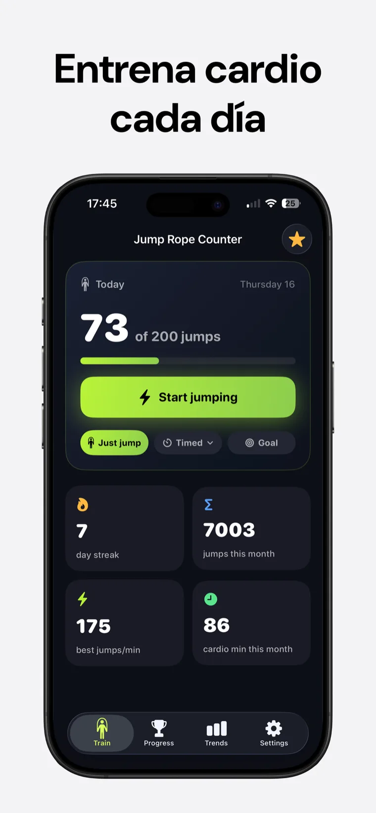 Entrena cardio cada día — Contador de Comba mostrando un anillo de progreso de la meta diaria y la racha de días