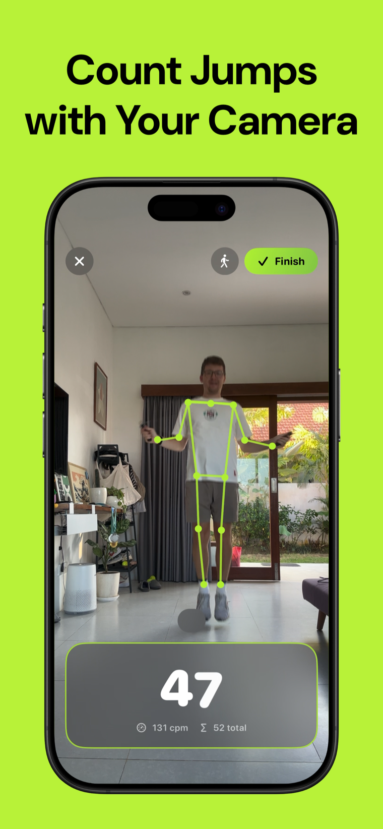 Count jumps with your camera — Jump Rope Counter on iPhone showing a live rep count with a skeleton tracking overlay