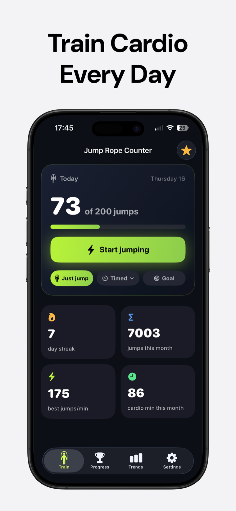 Train cardio every day — Jump Rope Counter showing a daily goal progress ring and day streak