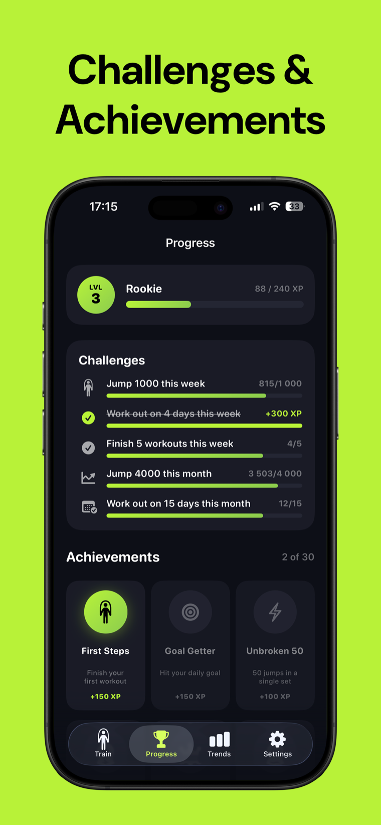 Challenges and achievements — Jump Rope Counter showing unlocked achievements, XP and rank