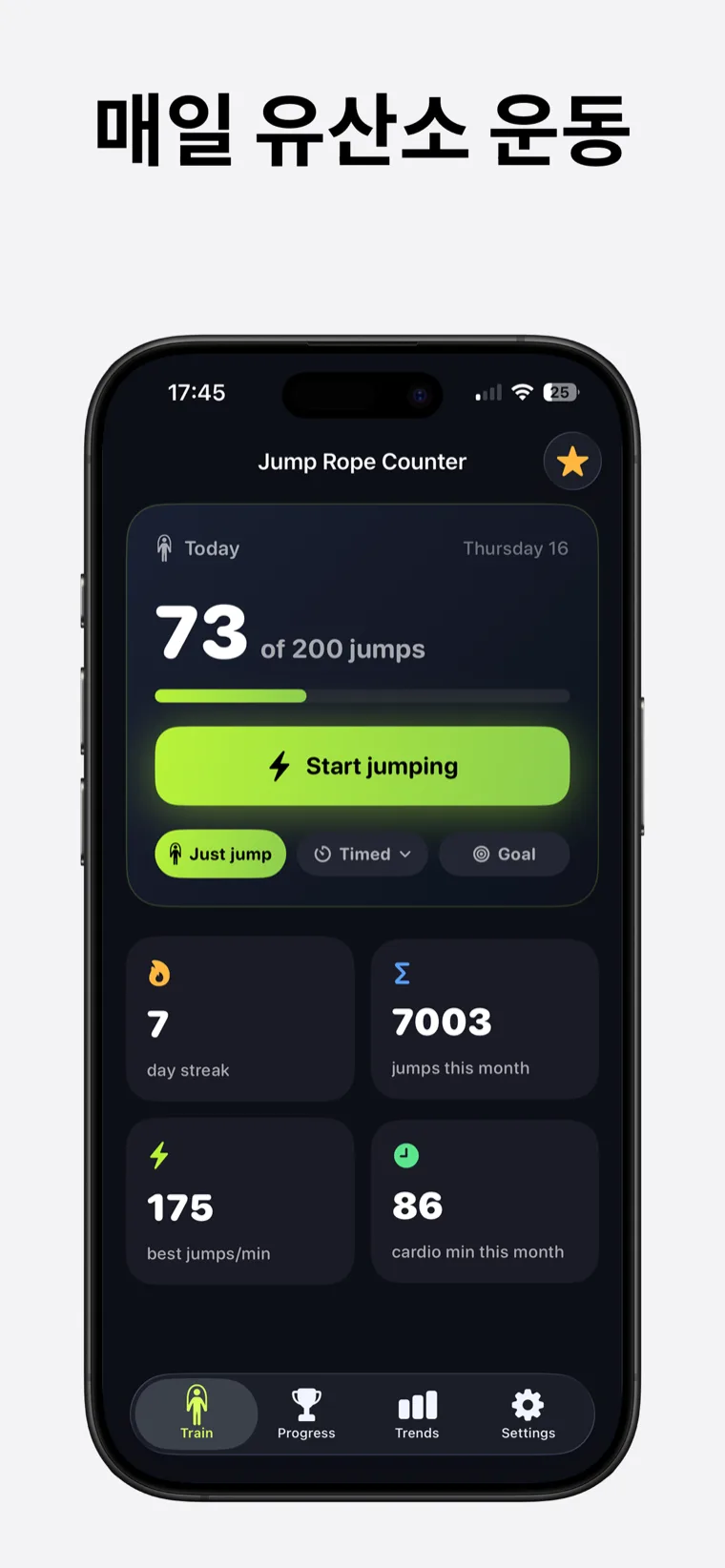 매일 유산소 운동 — Jump Rope Counter가 일일 목표 진행 링과 일일 연속 기록을 보여줍니다