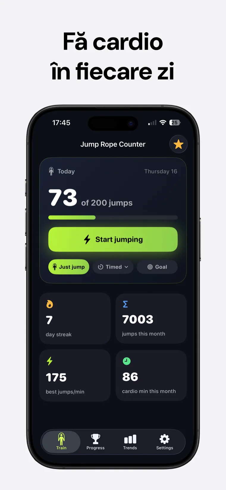 Fă cardio în fiecare zi — Contor Sărituri cu Coarda afișând inelul de progres al obiectivului zilnic și streak-ul de zile
