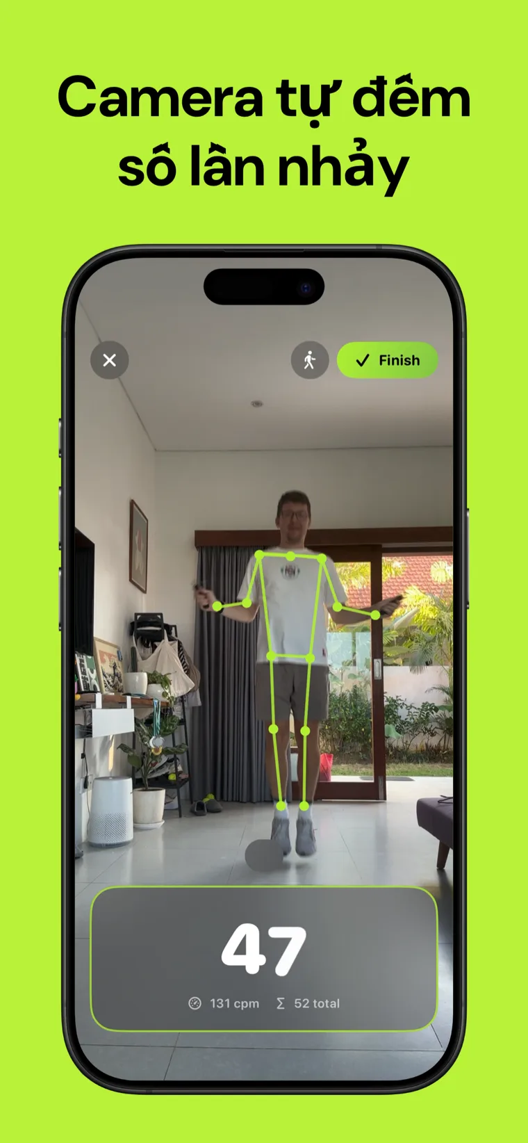 Camera tự đếm số lần nhảy — Ứng dụng Đếm Nhảy Dây trên iPhone hiển thị số lần nhảy trực tiếp với lớp phủ theo dõi khung xương